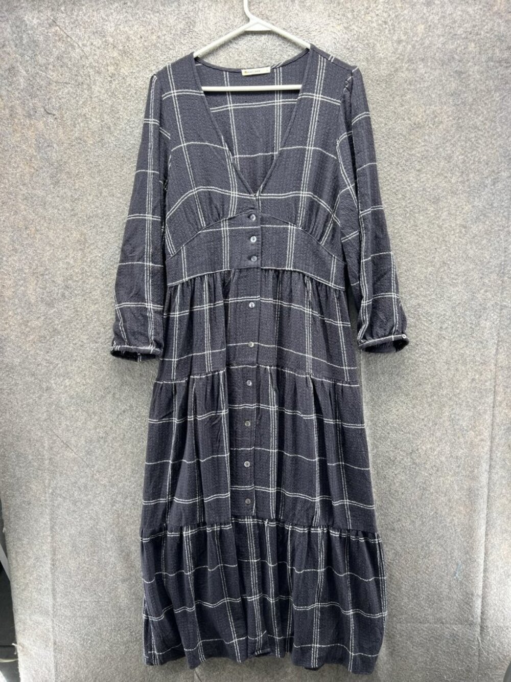 Marine Layer Dress Womens Large Gray V Neck Long Sleeve Plaid Button Tiered Midi